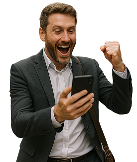 Homem feliz com celular na mão comemorando uma vitória