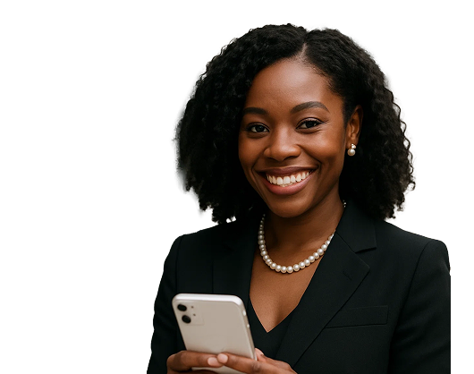 Mulher sorrindo utilizando o celular com as duas mãos